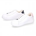 Washable leather OKAA kids School tennis shoes with laces, stripes design and toe cap.