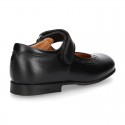 School Classic girl Nappa leather little Mary Jane shoes with chopped design, hook and loop strap in classic colors.