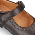 School Classic girl Nappa leather little Mary Jane shoes with chopped design, hook and loop strap in classic colors.