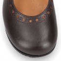 School Classic girl Nappa leather little Mary Jane shoes with chopped design, hook and loop strap in classic colors.