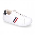 Washable leather OKAA kids School tennis shoes with laces and flag design.