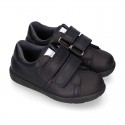 Washable Nappa leather kids School tennis shoes laceless with reinforced toe cap.