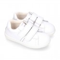 Washable Nappa leather kids School tennis shoes laceless with reinforced toe cap.