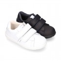 Washable Nappa leather kids School tennis shoes laceless with reinforced toe cap.