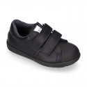 Washable Nappa leather kids School tennis shoes laceless with reinforced toe cap.