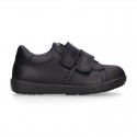 Washable Nappa leather kids School tennis shoes laceless with reinforced toe cap.