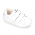 Washable Nappa leather kids School tennis shoes laceless with reinforced toe cap.