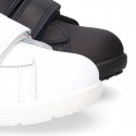 Washable Nappa leather kids School tennis shoes laceless with reinforced toe cap.