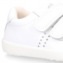 Washable Nappa leather kids School tennis shoes laceless with reinforced toe cap.