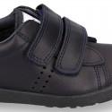 Washable Nappa leather kids School tennis shoes laceless with reinforced toe cap.