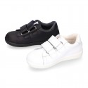 Washable Nappa leather kids School tennis shoes laceless with reinforced toe cap.