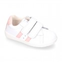 Washable leather OKAA kids School tennis shoes laceless, stripes design and reinforced toe cap.