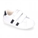 Washable leather OKAA kids School tennis shoes laceless, stripes design and reinforced toe cap.