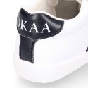 Washable leather OKAA kids School tennis shoes laceless, stripes design and reinforced toe cap.