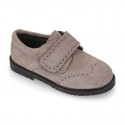 Suede leather kids School shoes Blucher style laceless with chopped design.