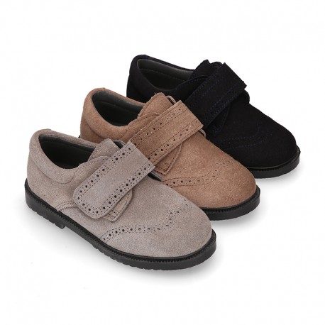 Suede leather kids School shoes Blucher style laceless with chopped design.