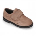 Suede leather kids School shoes Blucher style laceless with chopped design.