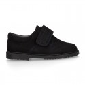 Suede leather kids School shoes Blucher style laceless with chopped design.