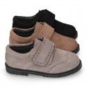 Suede leather kids School shoes Blucher style laceless with chopped design.