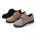 Suede leather kids School shoes Blucher style laceless with chopped design.