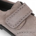 Suede leather kids School shoes Blucher style laceless with chopped design.