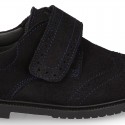 Suede leather kids School shoes Blucher style laceless with chopped design.