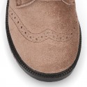 Suede leather kids School shoes Blucher style laceless with chopped design.