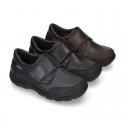 Laces up kids School shoes with hook and loop strap and toe cap in PREMIUM leather.