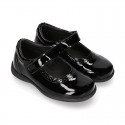 BLACK patent leather Girl Mary Jane School shoes with hook and loop strap closure.