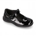 BLACK patent leather Girl Mary Jane School shoes with hook and loop strap closure.