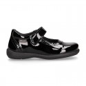 BLACK patent leather Girl Mary Jane School shoes with hook and loop strap closure.