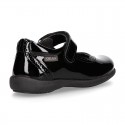 BLACK patent leather Girl Mary Jane School shoes with hook and loop strap closure.