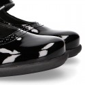 BLACK patent leather Girl Mary Jane School shoes with hook and loop strap closure.