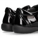 BLACK patent leather Girl Mary Jane School shoes with hook and loop strap closure.