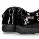 BLACK patent leather Girl Mary Jane School shoes with hook and loop strap closure.