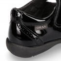 BLACK patent leather Girl Mary Jane School shoes with hook and loop strap closure.