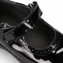 BLACK patent leather Girl Mary Jane School shoes with hook and loop strap closure.