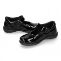 BLACK patent leather Girl Mary Jane School shoes with hook and loop strap closure.