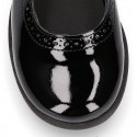 BLACK patent leather Girl Mary Jane School shoes with hook and loop strap closure.