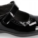 BLACK patent leather Girl Mary Jane School shoes with hook and loop strap closure.