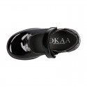 BLACK patent leather Girl Mary Jane School shoes with hook and loop strap closure.