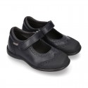 Perforated Girl Mary Jane School shoes with hook and loop strap in PREMIUM leather.