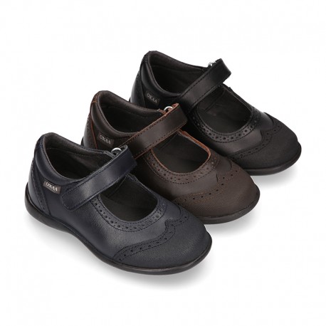 Perforated Girl Mary Jane School shoes with hook and loop strap in PREMIUM leather.