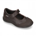 Perforated Girl Mary Jane School shoes with hook and loop strap in PREMIUM leather.