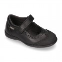 Perforated Girl Mary Jane School shoes with hook and loop strap in PREMIUM leather.