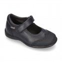 Perforated Girl Mary Jane School shoes with hook and loop strap in PREMIUM leather.