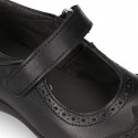 Perforated Girl Mary Jane School shoes with hook and loop strap in PREMIUM leather.