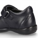 Perforated Girl Mary Jane School shoes with hook and loop strap in PREMIUM leather.