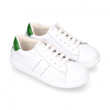 Washable Nappa leather Fashion OKAA kids School tennis shoes with laces.