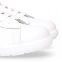 Washable Nappa leather Fashion OKAA kids School tennis shoes with laces.